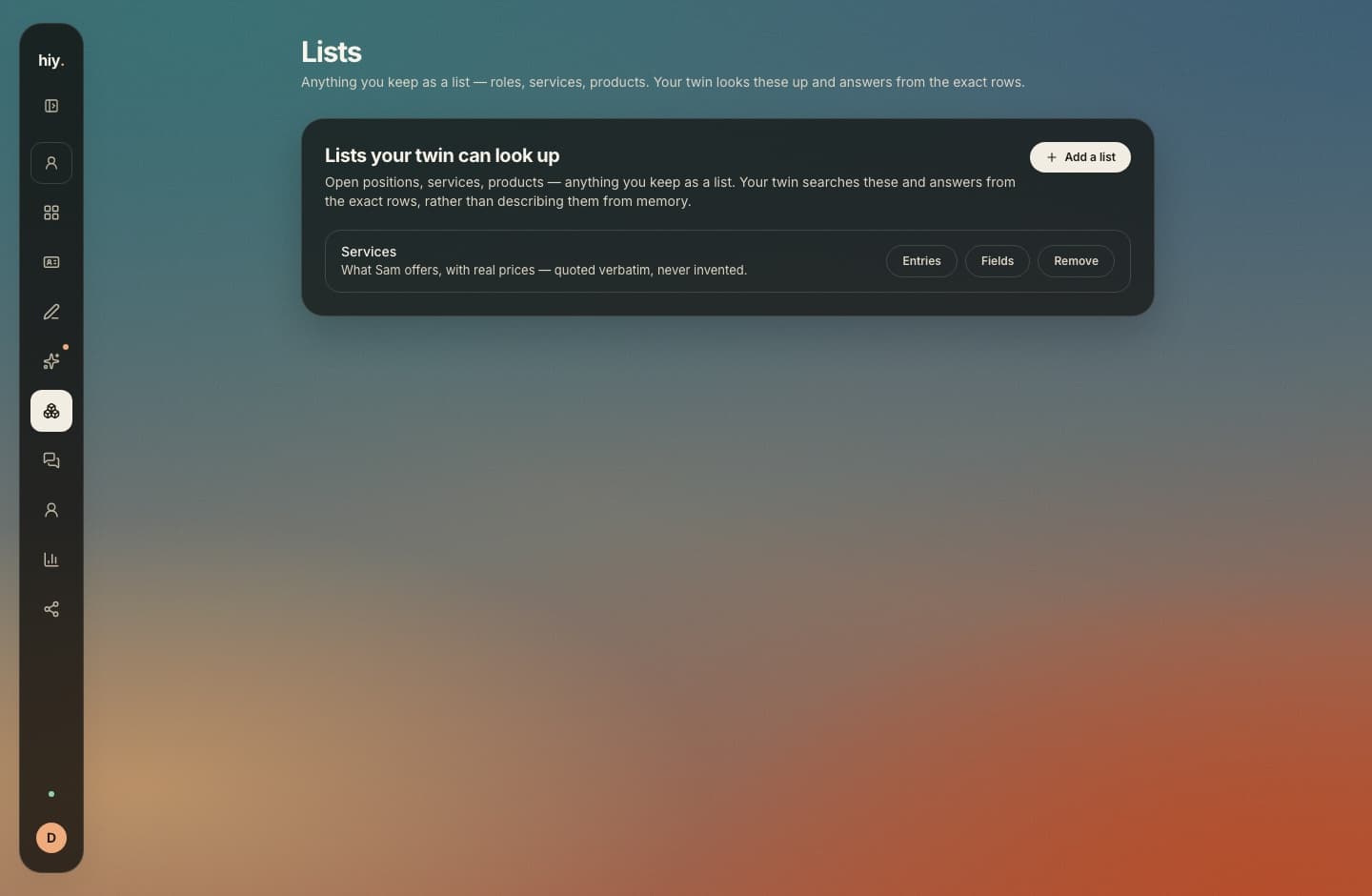 The Lists screen of the demo account's dashboard: a services list with its own columns, the rows the twin quotes verbatim.