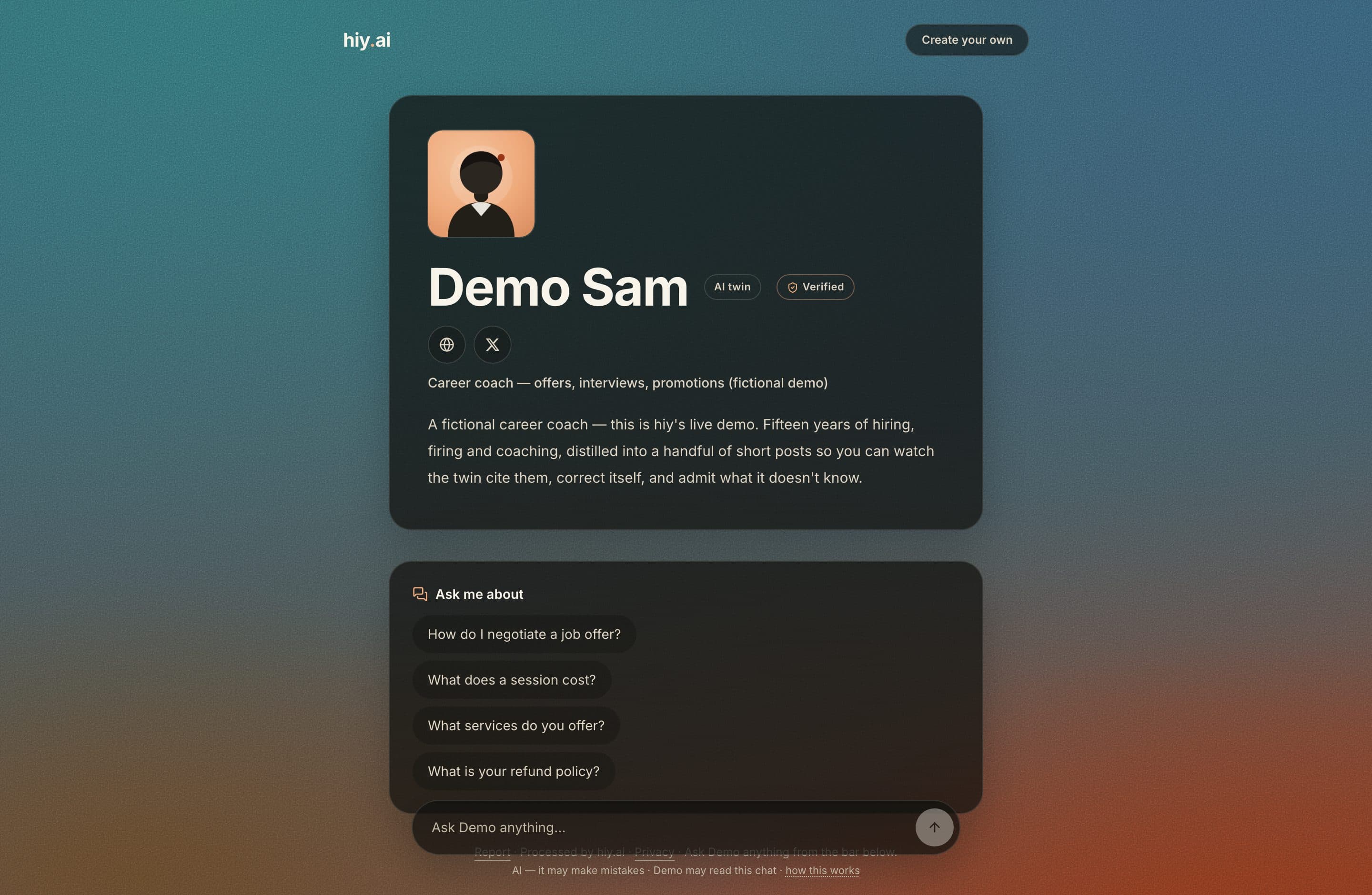 The live demo twin's public page: identity card with the AI-twin and Verified marks, ask-me-about questions, and the composer.