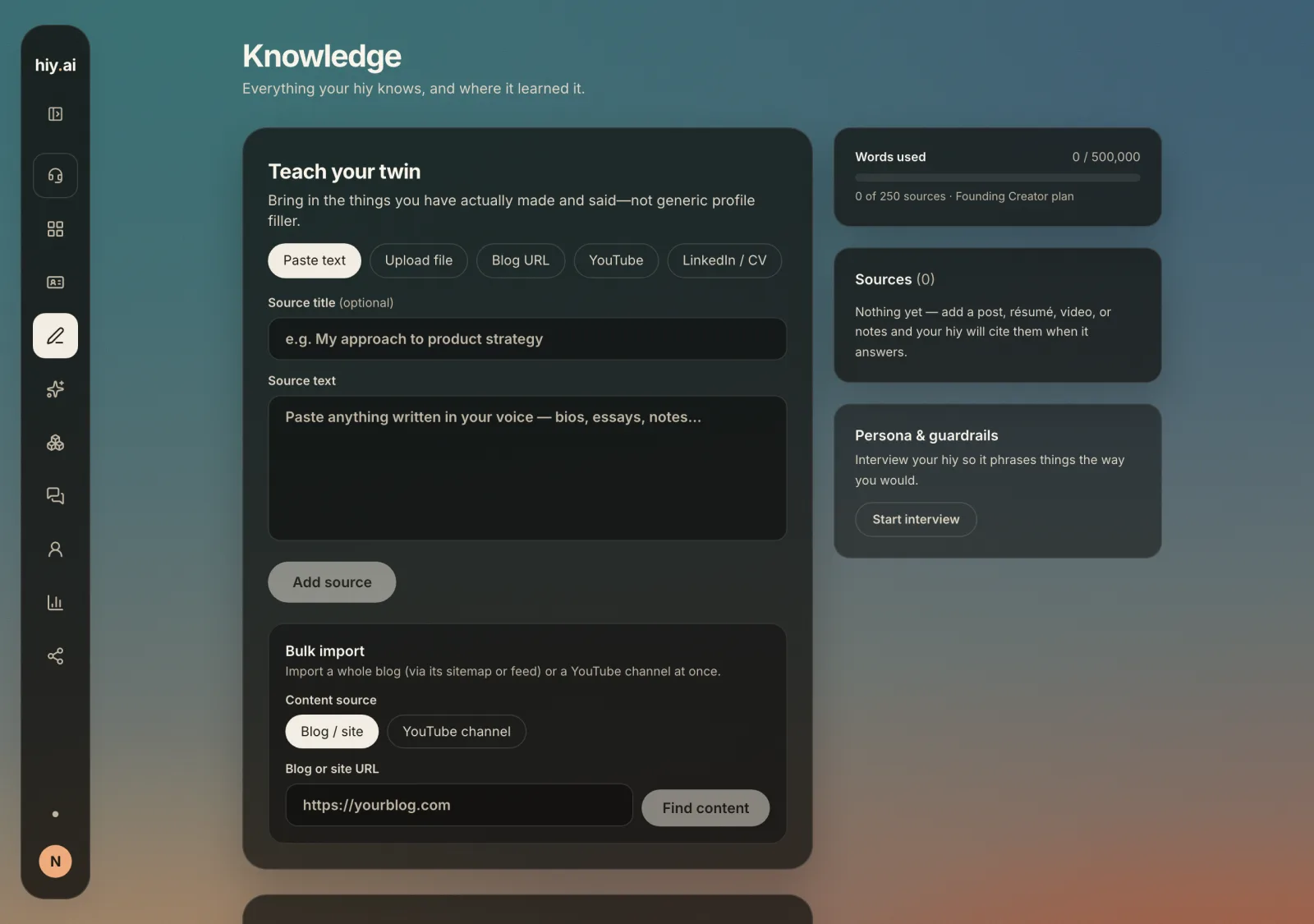 The Knowledge tab of a support twin offering Paste text, Upload file, Blog URL, YouTube and LinkedIn or CV as ways to add material.