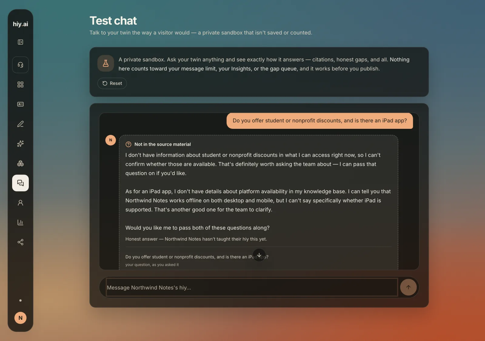 A support twin declining to answer a question about student discounts and iPad support, marked Not in the source material, offering to pass the question to the team.