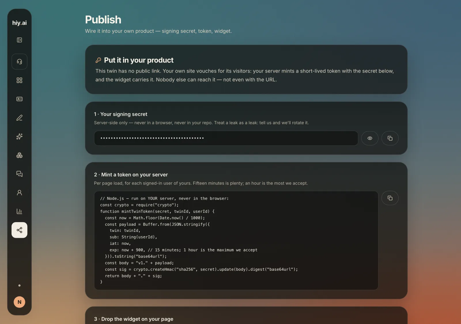The Publish tab for a support twin showing a masked signing secret, Node.js code to mint a short-lived HMAC token on your own server, and a widget step.