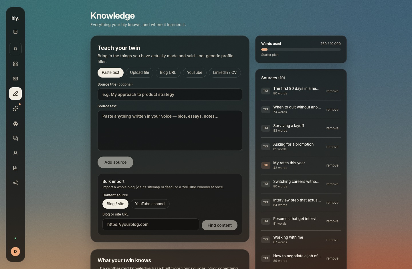 Knowledge — The ten posts the twin answers from — and where corrections land.