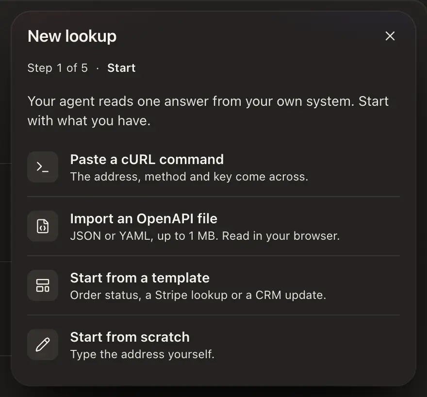 New lookup, step 1 of 5: Paste a cURL command, Import an OpenAPI file, Start from a template and Start from scratch