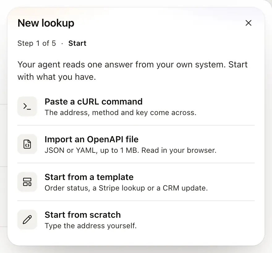 New lookup, step 1 of 5: Paste a cURL command, Import an OpenAPI file, Start from a template and Start from scratch