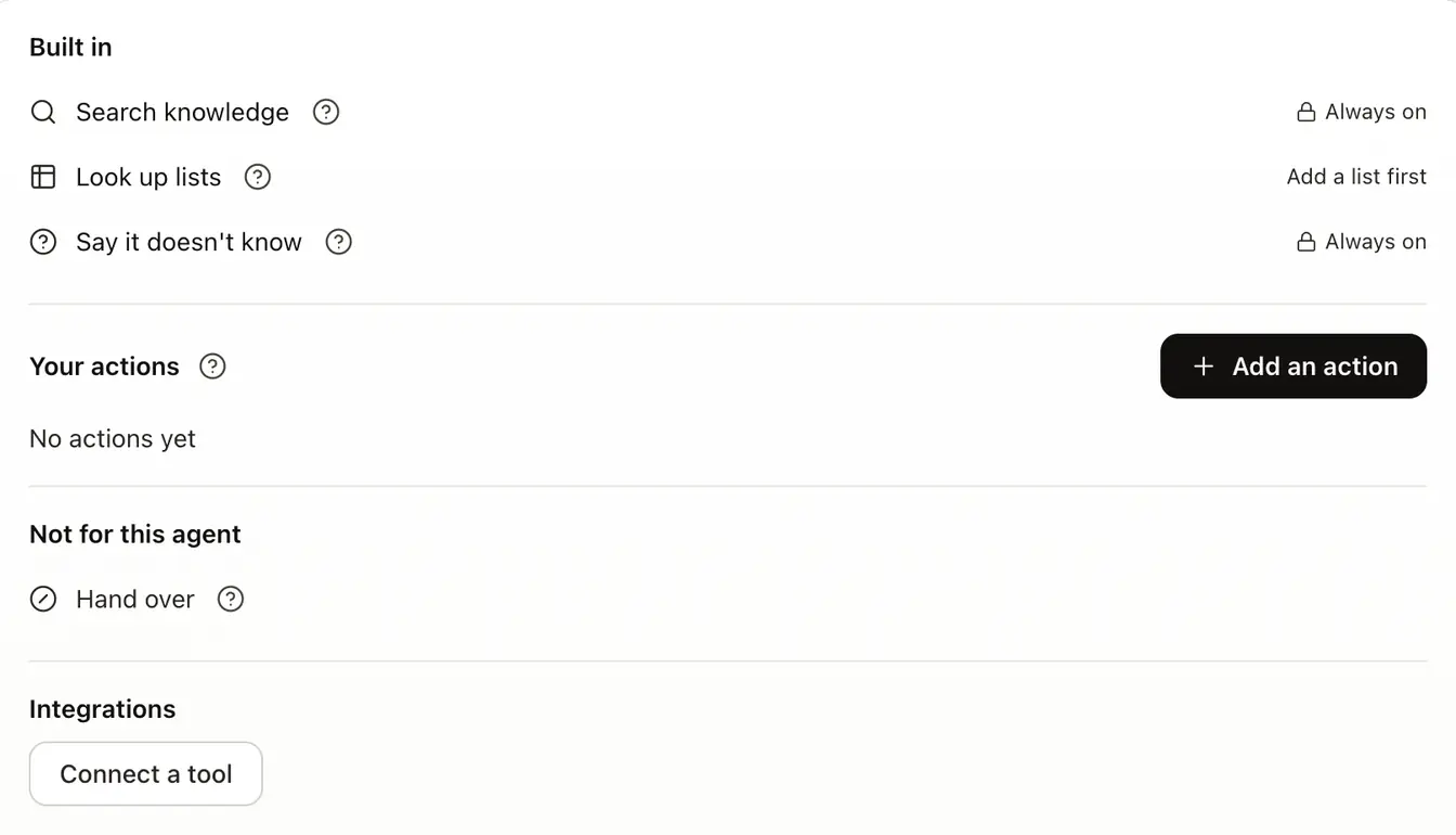 An agent's Tools page with the Built in, Your actions, Not for this agent and Integrations blocks