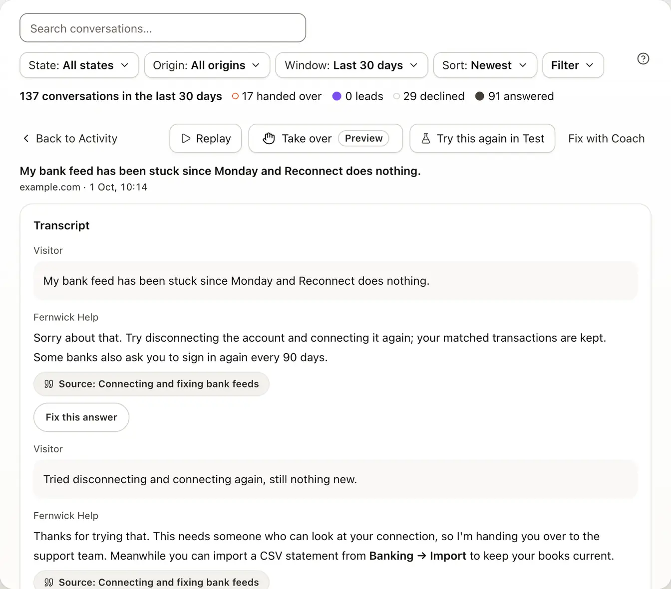 One conversation opened from Activity: Replay, Try this again in Test, and the transcript with a source under each answer