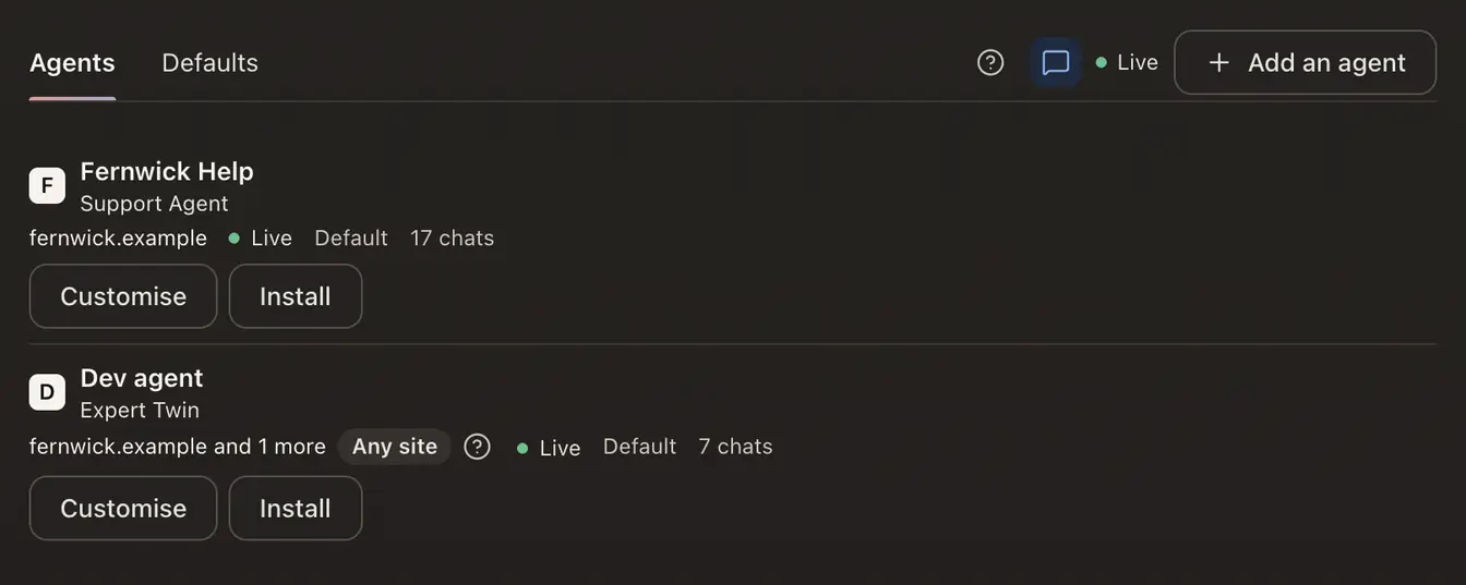 The Chat widget's page: its agents, where each one runs it, whether it follows the defaults, and its chats this week
