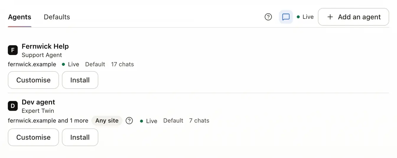 The Chat widget's page: its agents, where each one runs it, whether it follows the defaults, and its chats this week