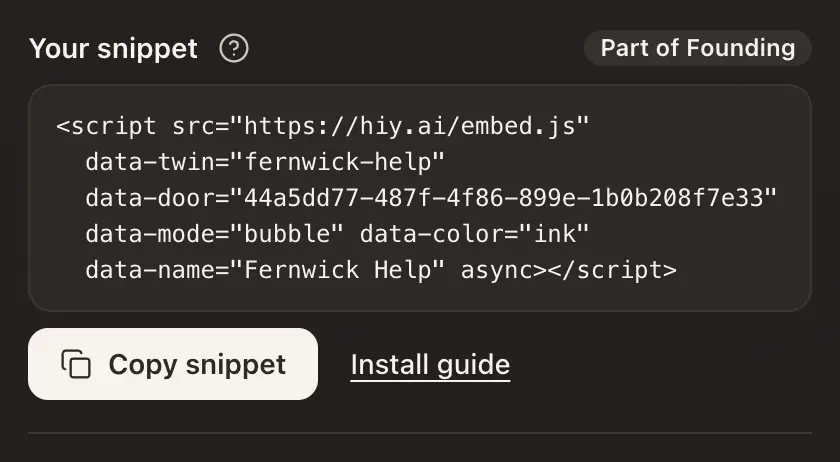 A Chat widget's Install tab with Copy snippet