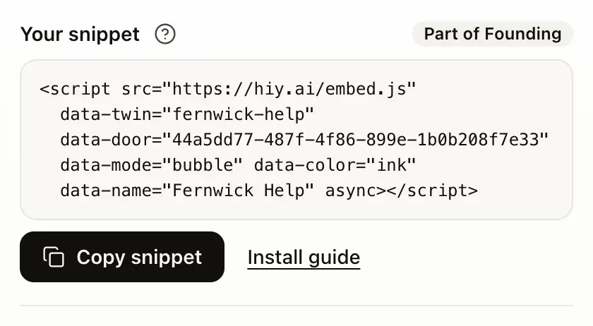 A Chat widget's Install tab with Copy snippet