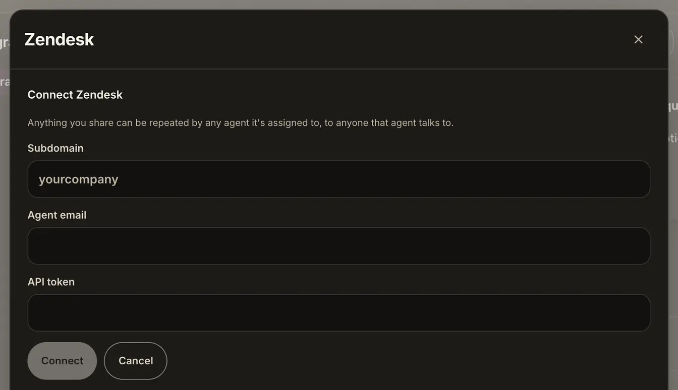 The Connect Zendesk sheet with Subdomain, Agent email and API token