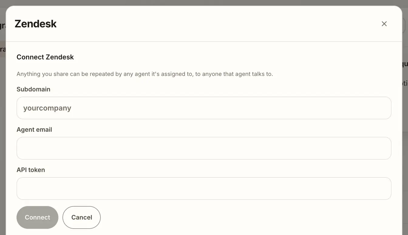 The Connect Zendesk sheet with Subdomain, Agent email and API token