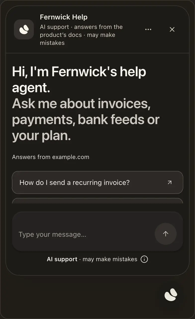 A Support Agent's chat widget, open on its greeting and a starting question