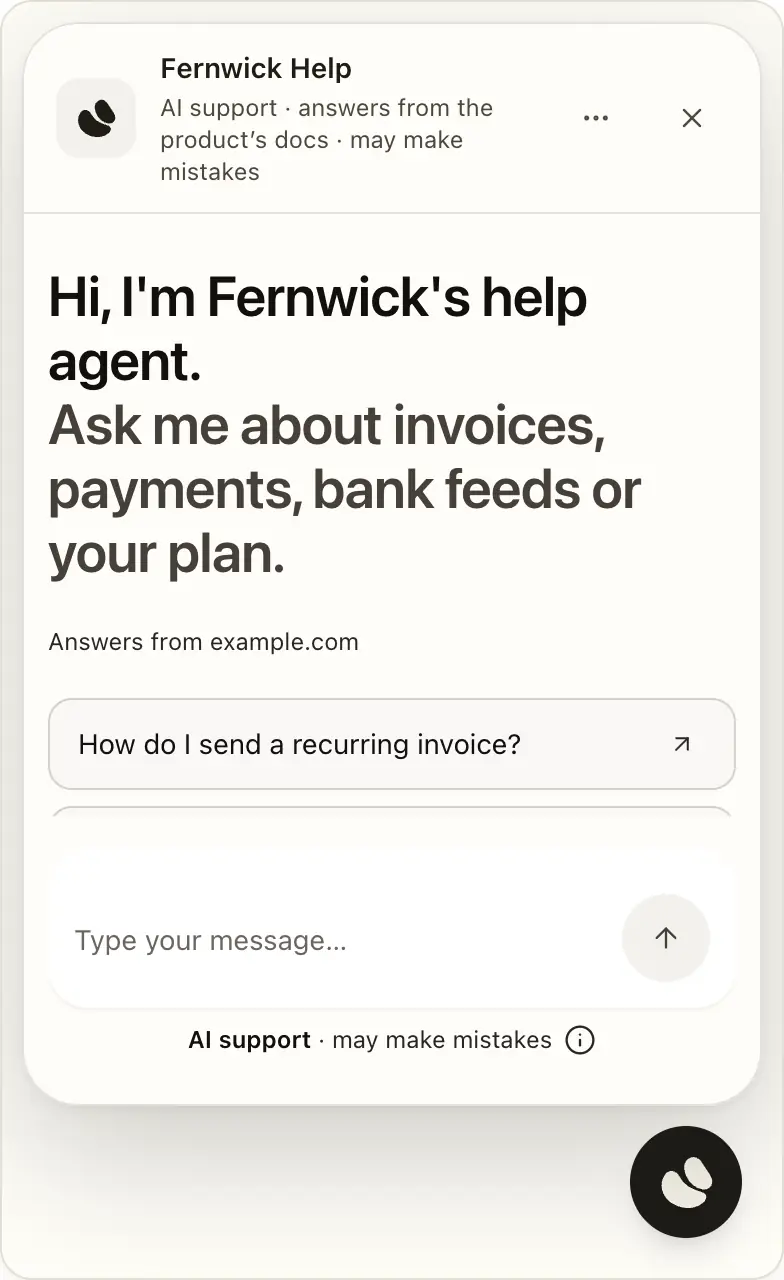 A Support Agent's chat widget, open on its greeting and a starting question