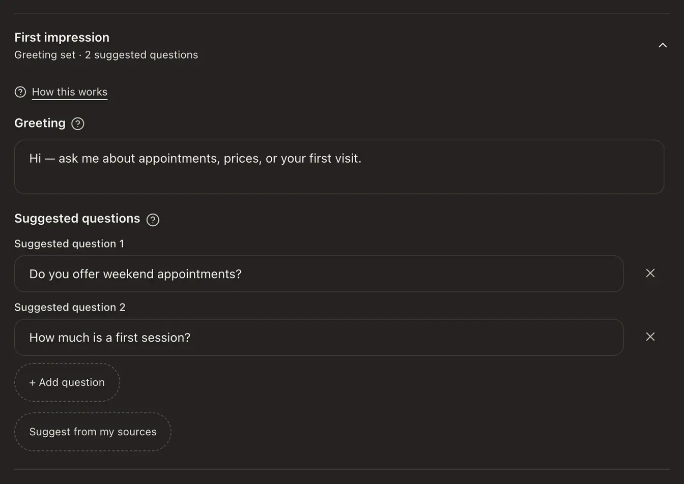 The First impression group open in Settings, with the Greeting box, the suggested questions and Suggest from my sources