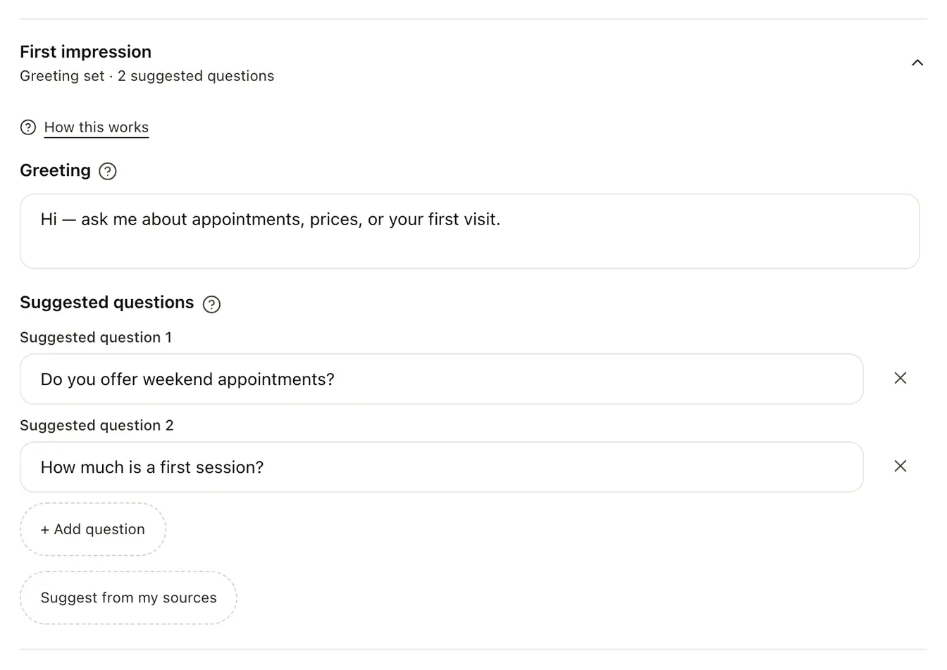 The First impression group open in Settings, with the Greeting box, the suggested questions and Suggest from my sources