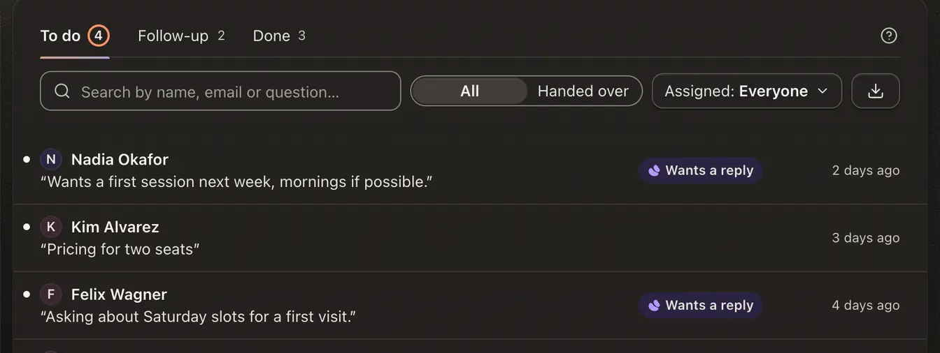The Inbox with the To do, Follow-up and Done tabs, a search box, the All and Handed over switch, and rows of people with their question