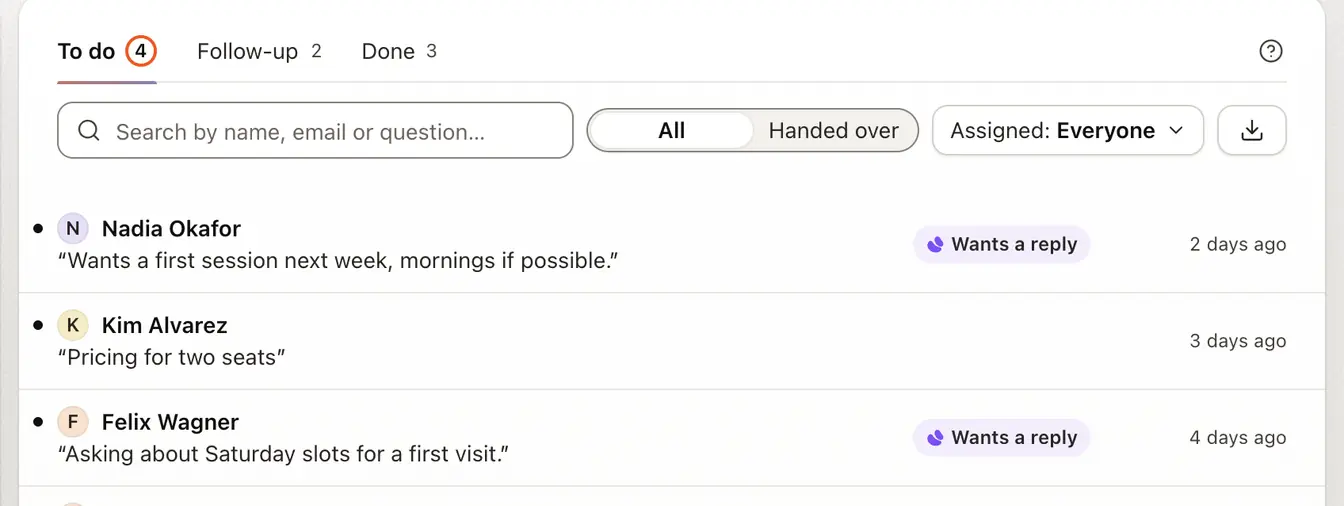 The Inbox with the To do, Follow-up and Done tabs, a search box, the All and Handed over switch, and rows of people with their question