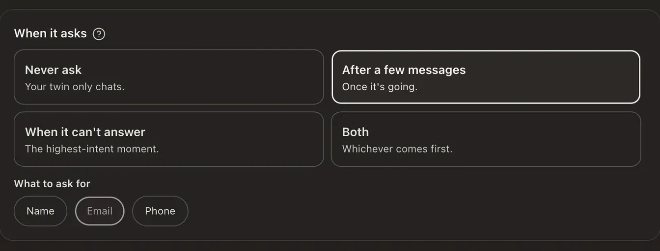 The Follow-ups group open, with After a few messages selected and the Name, Email and Phone chips under What to ask for