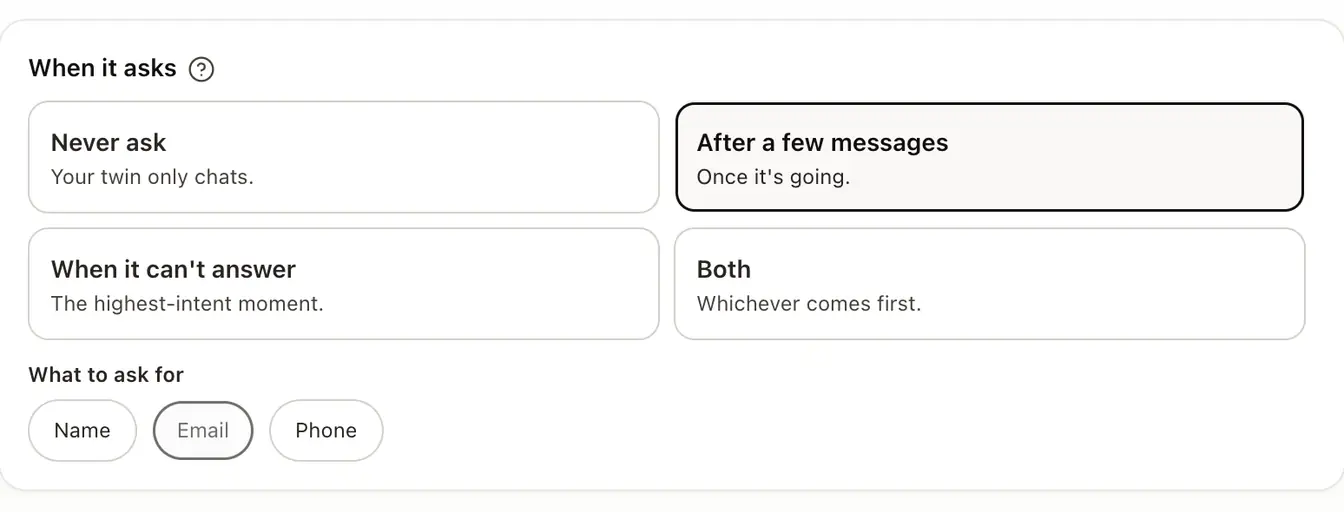 The Follow-ups group open, with After a few messages selected and the Name, Email and Phone chips under What to ask for