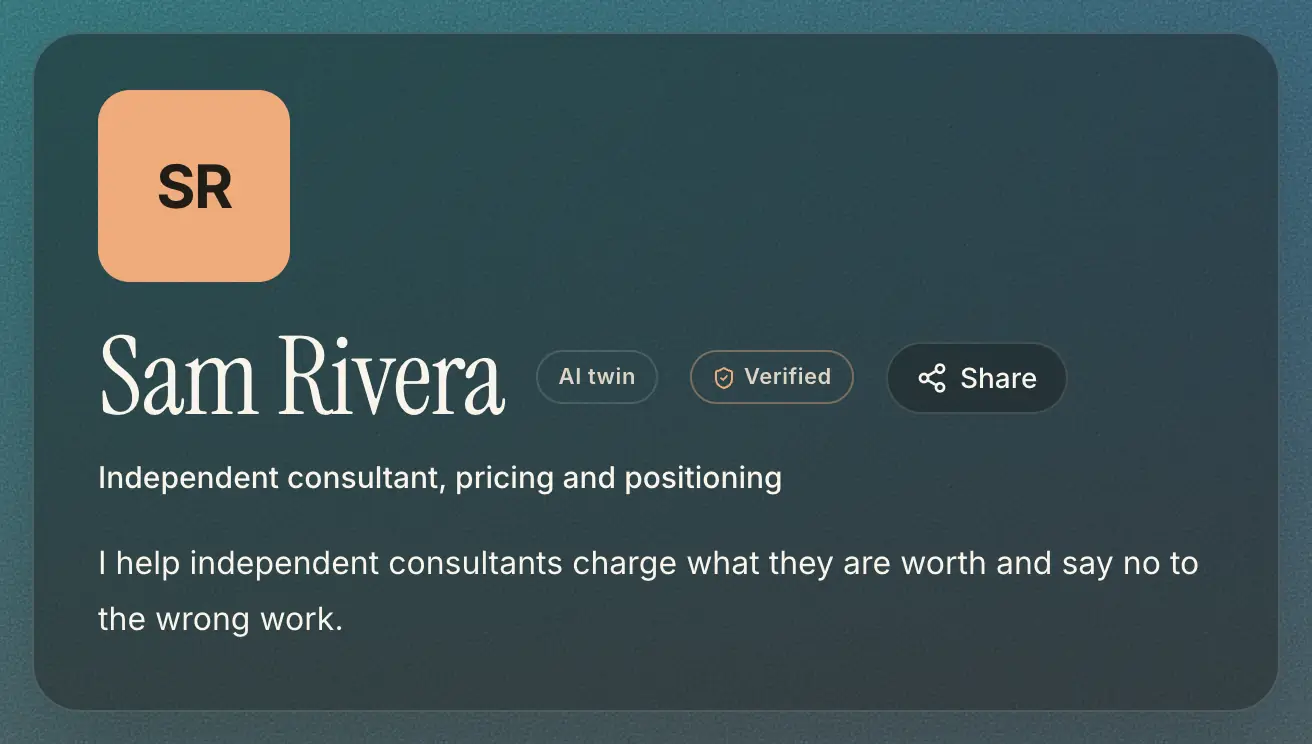 The top of an Expert Twin's public page: the name, the AI twin and Verified badges, and Share