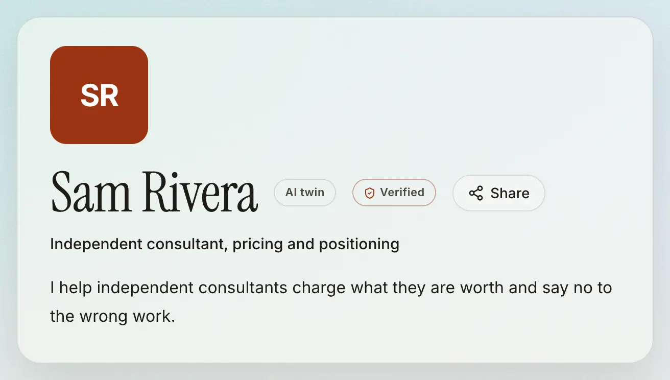 The top of an Expert Twin's public page: the name, the AI twin and Verified badges, and Share