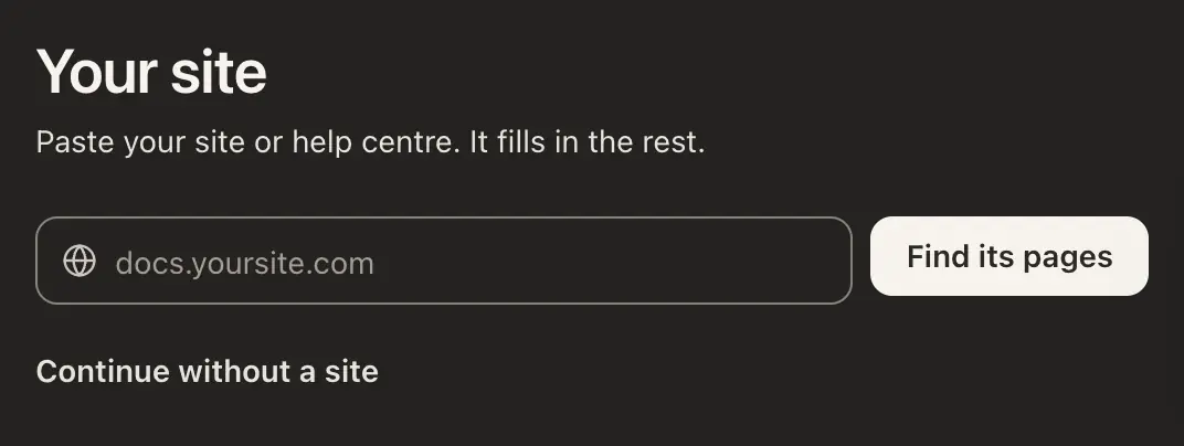 Setup, step 1: the address field with Find its pages, and Continue without a site beneath it