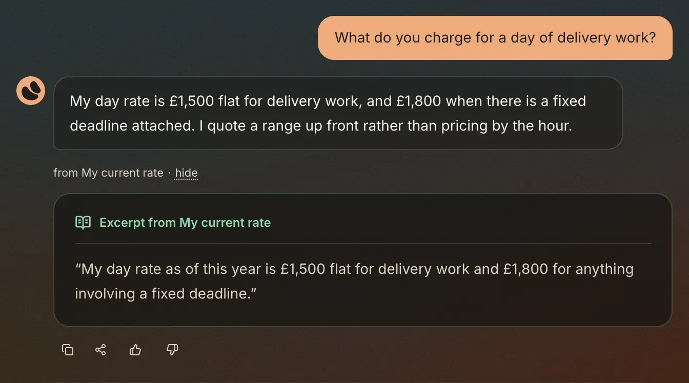 A question, the agent's answer, and the excerpt from the owner's own page opened below it, with the thumbs underneath