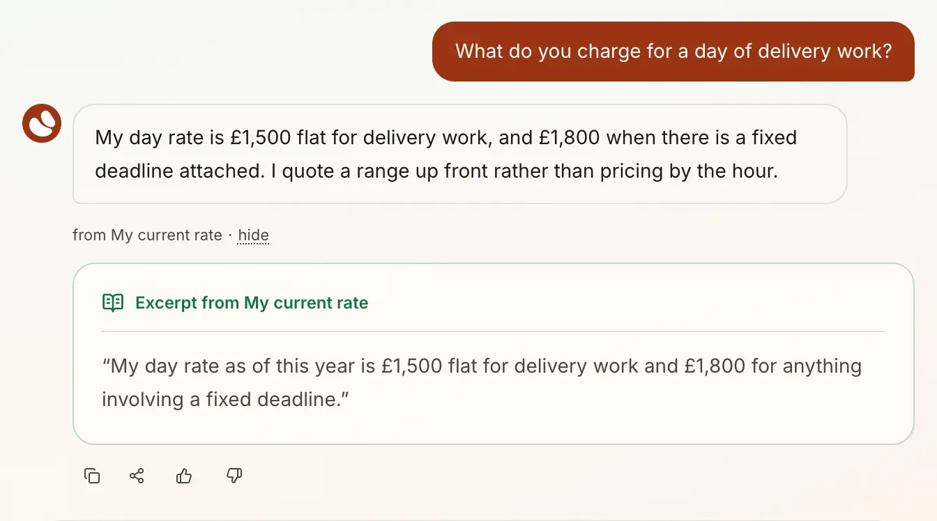 A question, the agent's answer, and the excerpt from the owner's own page opened below it, with the thumbs underneath