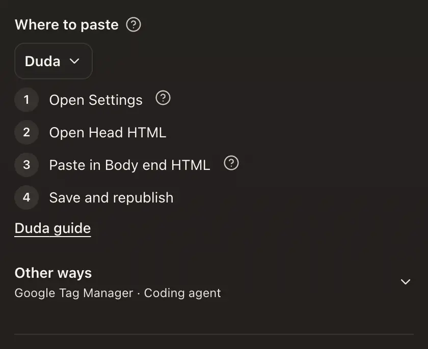 Where to paste on the Install tab, with Duda chosen and its steps