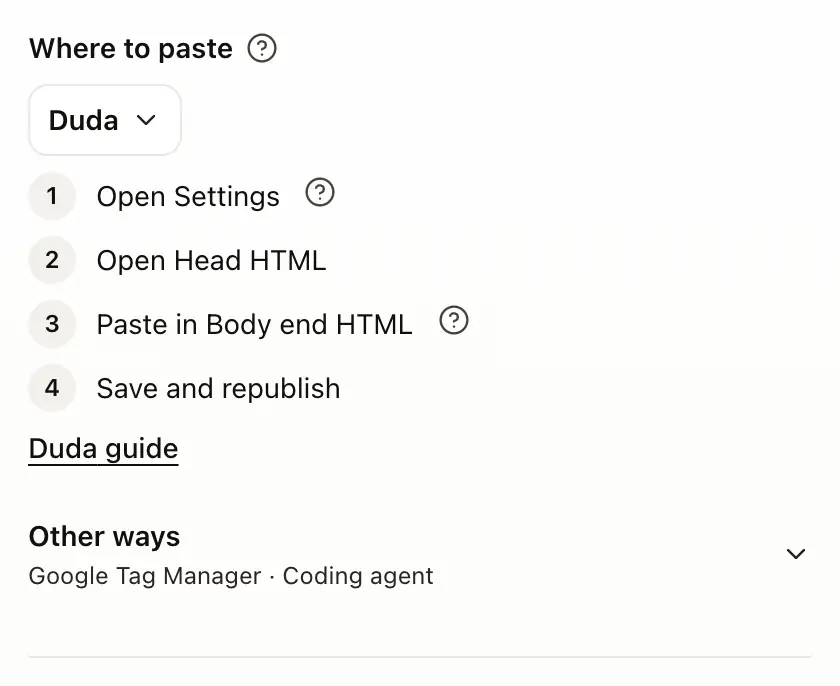 Where to paste on the Install tab, with Duda chosen and its steps