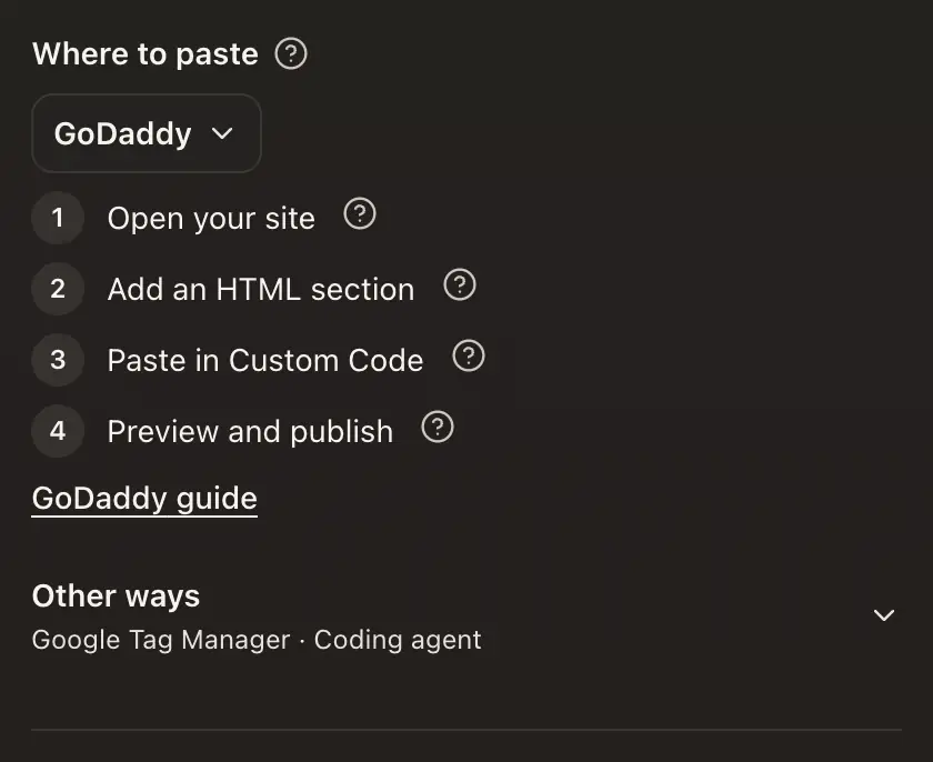 Where to paste on the Install tab, with GoDaddy chosen and its steps