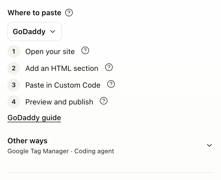 Where to paste on the Install tab, with GoDaddy chosen and its steps