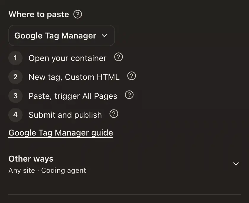 Where to paste on the Install tab, with Google Tag Manager chosen and its steps