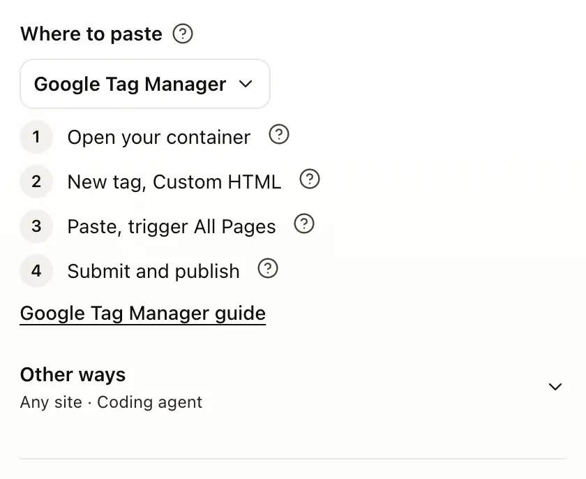 Where to paste on the Install tab, with Google Tag Manager chosen and its steps