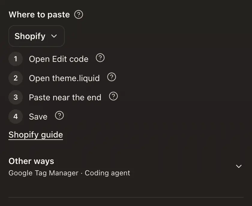 Where to paste on the Install tab, with Shopify chosen and its steps