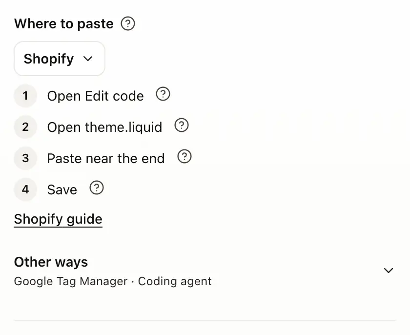 Where to paste on the Install tab, with Shopify chosen and its steps