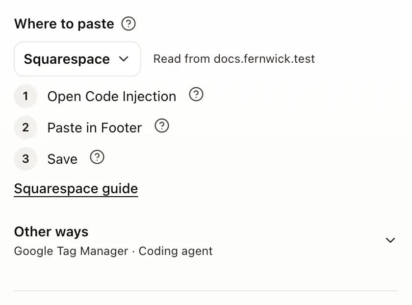 Where to paste on the Install tab, with Squarespace chosen and its steps