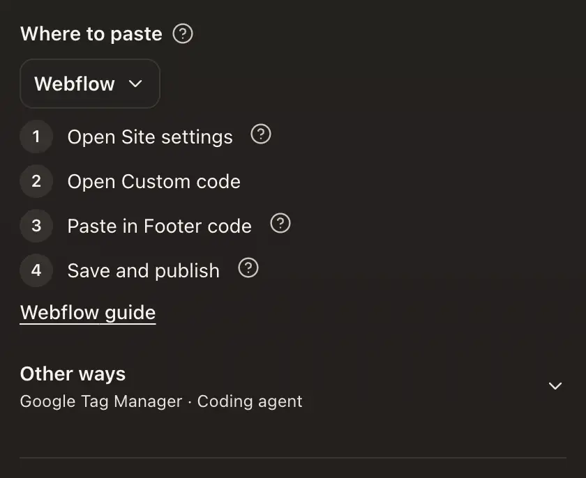 Where to paste on the Install tab, with Webflow chosen and its steps