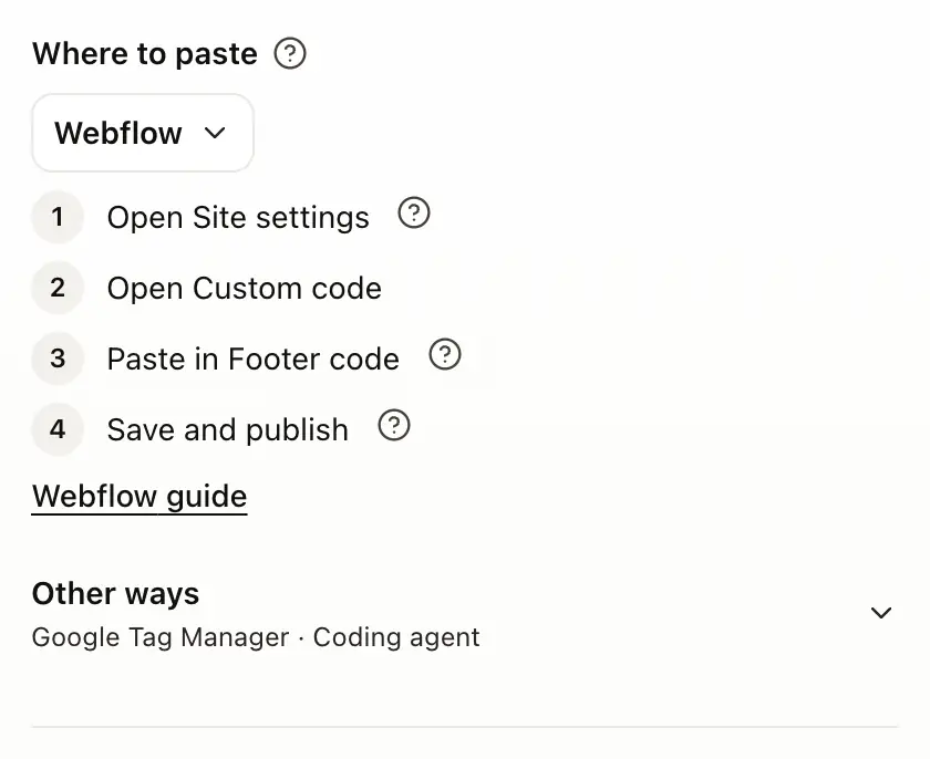 Where to paste on the Install tab, with Webflow chosen and its steps
