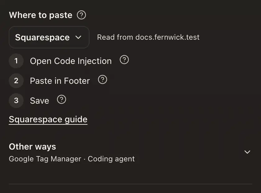 Where to paste on the Install tab, read from the agent's site, with its steps and Other ways folded