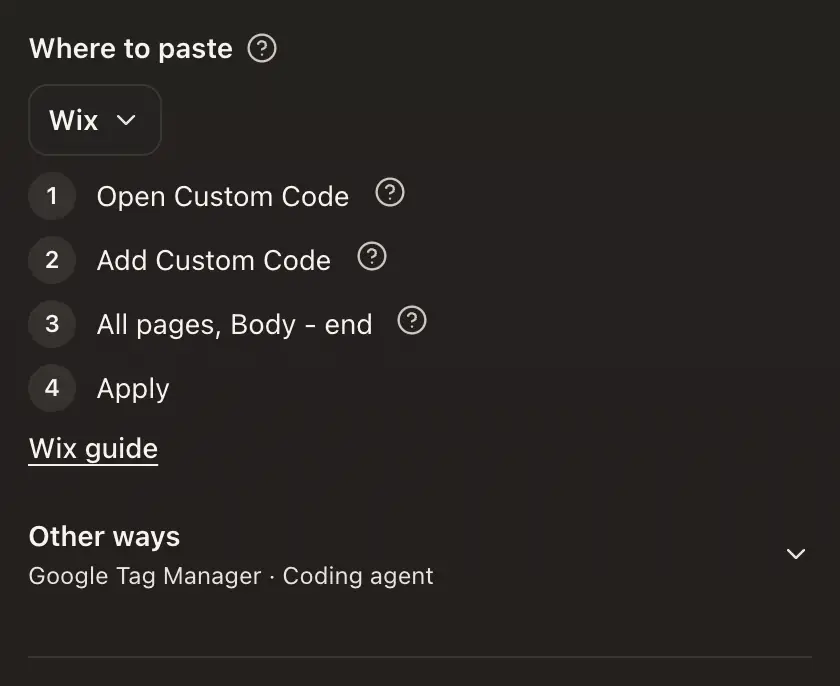 Where to paste on the Install tab, with Wix chosen and its steps