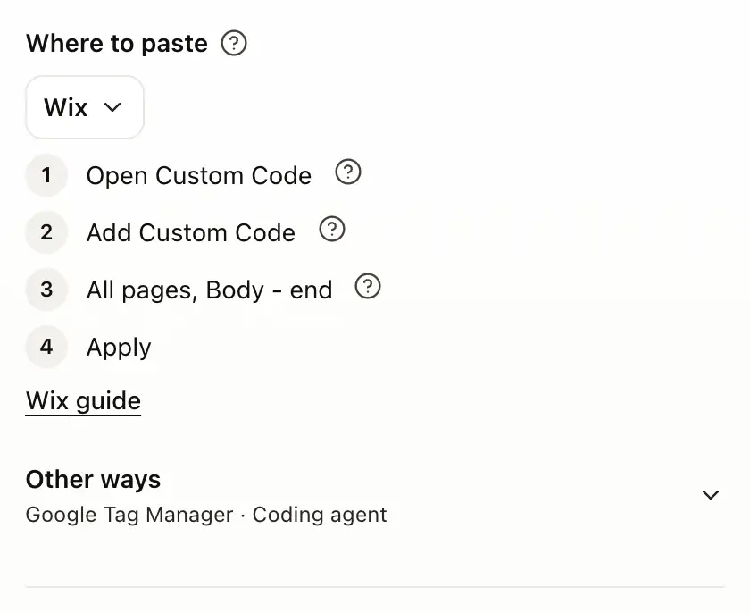 Where to paste on the Install tab, with Wix chosen and its steps
