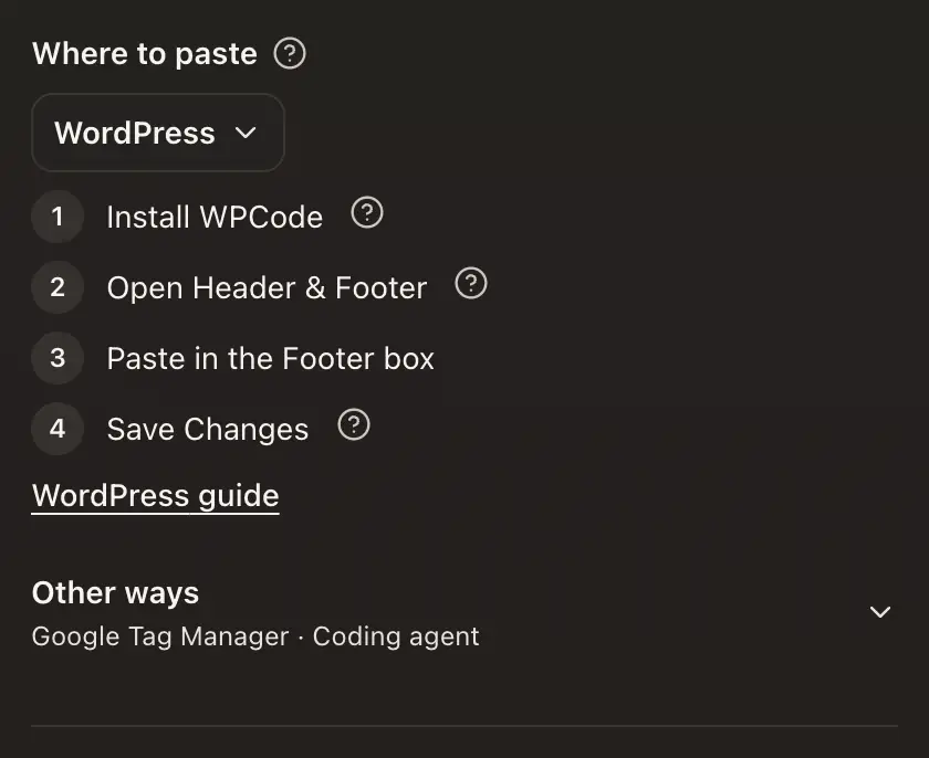 Where to paste on the Install tab, with WordPress chosen and its steps