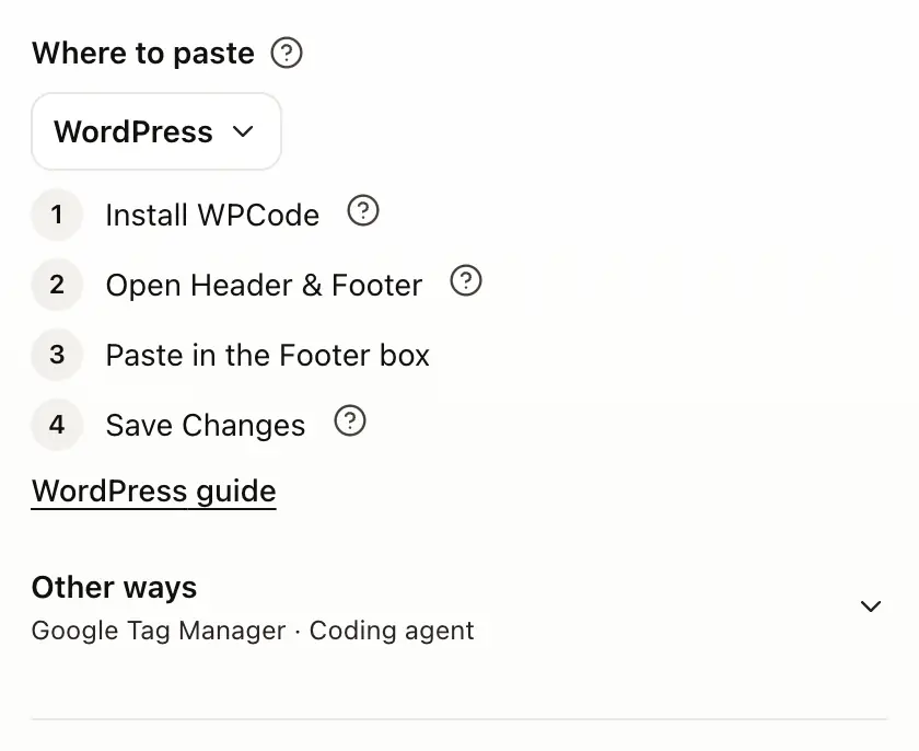 Where to paste on the Install tab, with WordPress chosen and its steps