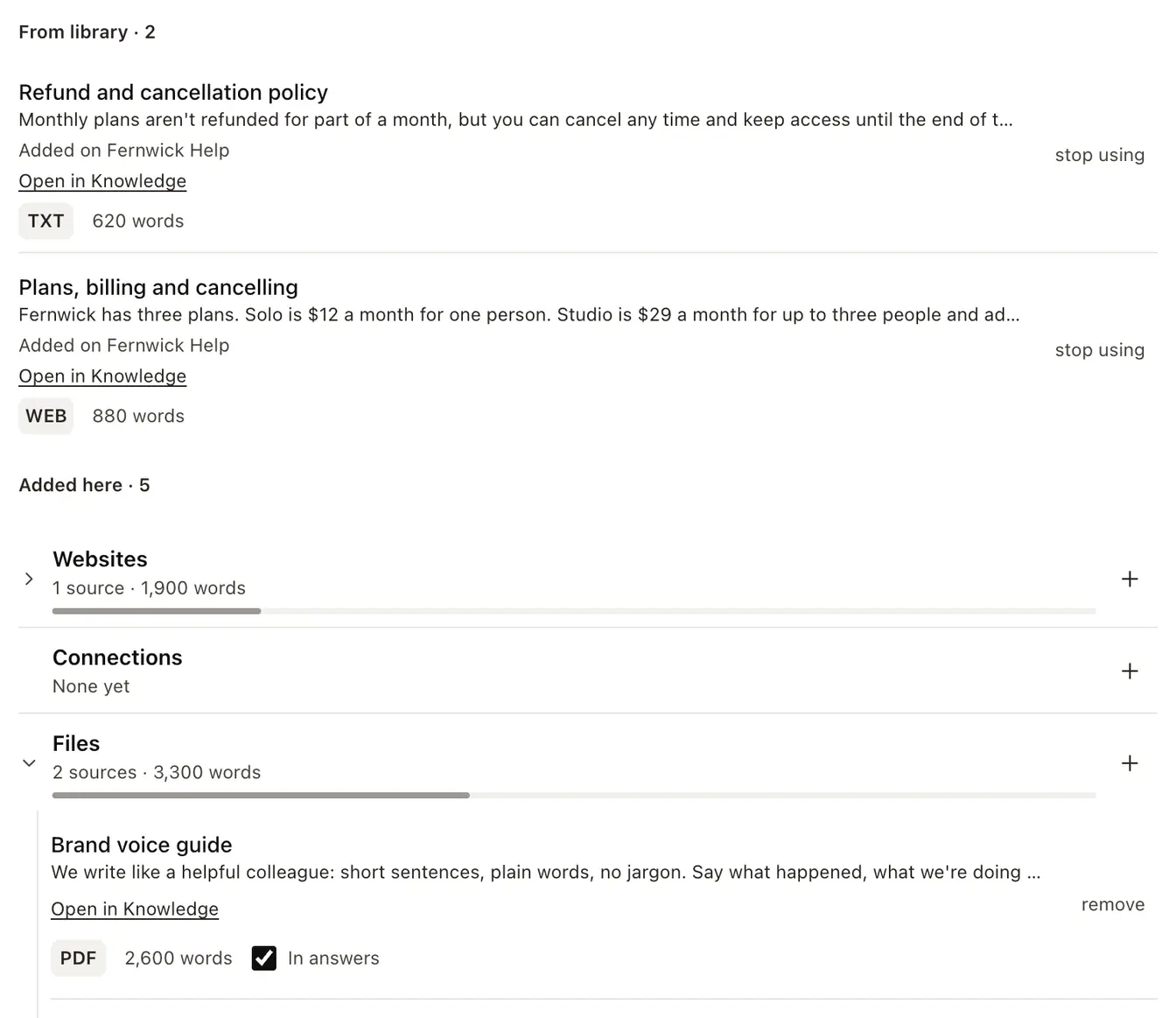 An agent's Knowledge list: two sources under From library with stop using, then Added here by kind, with Files open on a source and its In answers tick