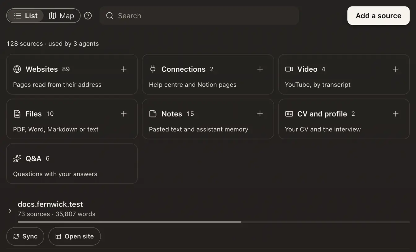 The Knowledge page: List and Map, a search box, Add a source, cards for each kind of source and the sites below them, closed, each with its Sync button