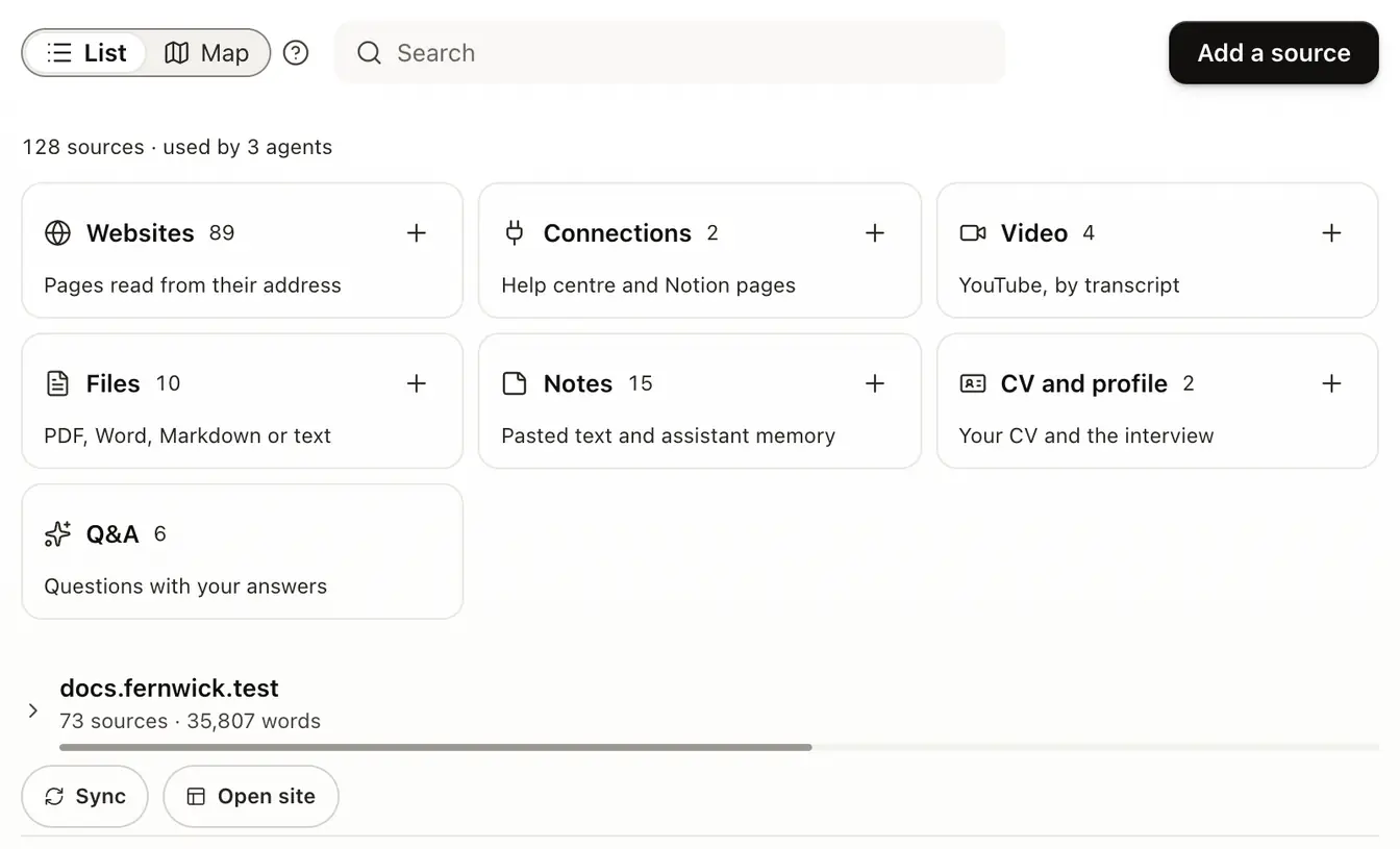 The Knowledge page: List and Map, a search box, Add a source, cards for each kind of source and the sites below them, closed, each with its Sync button