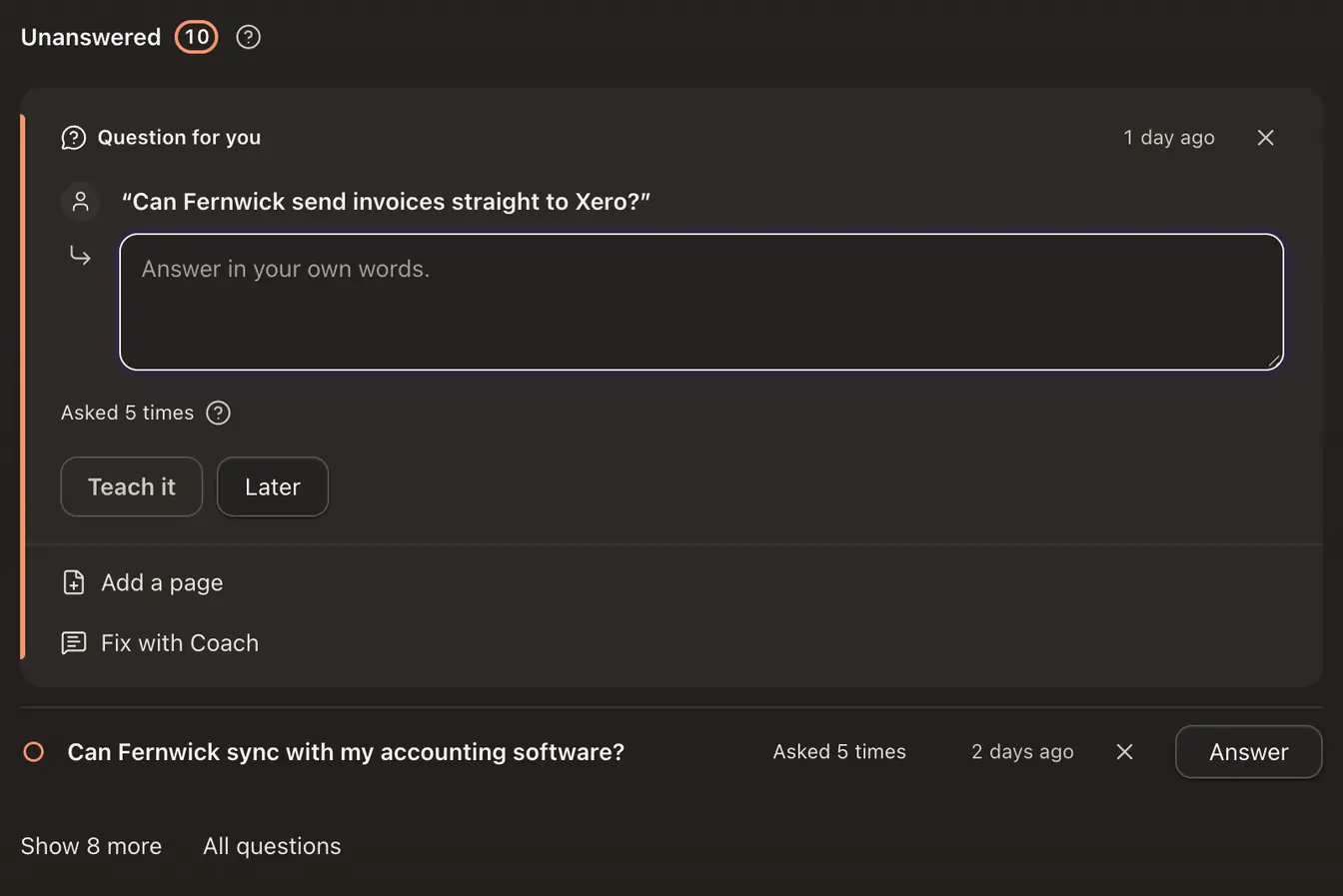 An open question in the Unanswered list, with an answer box and the Teach it and Later buttons