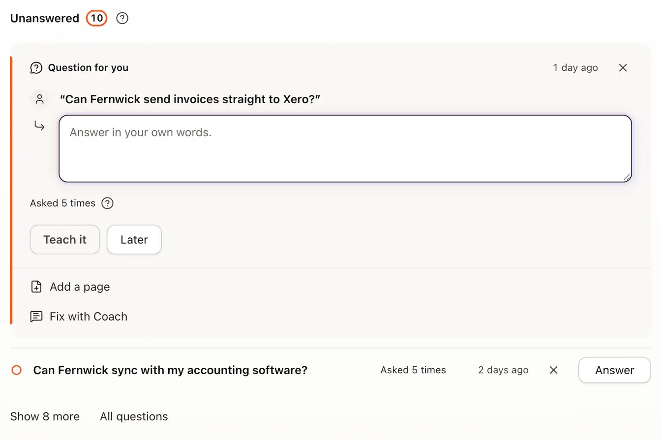 An open question in the Unanswered list, with an answer box and the Teach it and Later buttons